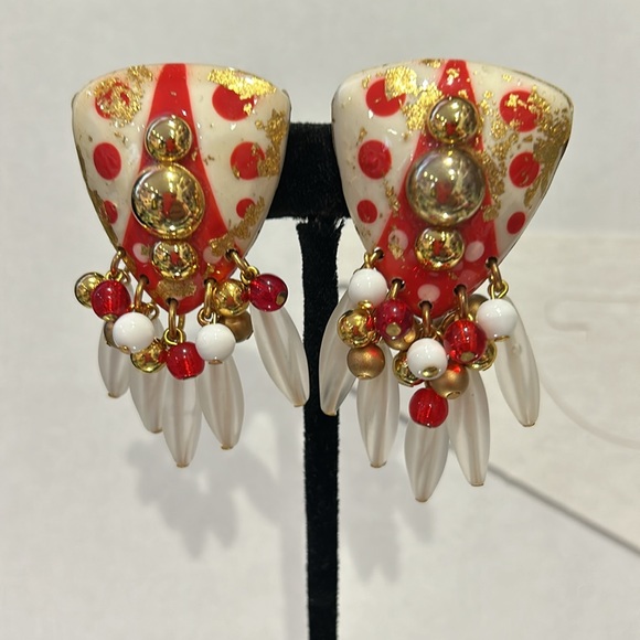 Vintage IKARAMI Red White and Gold Statement Earrings-Boutique - Picture 3 of 6